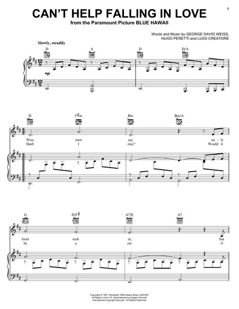 Elvis Presley Cant Help Falling In Love Sheet Music And Printable Pdf Music Notes Cant Help