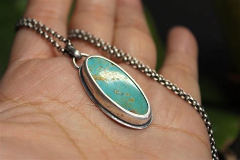 Oval Royston Turquoise Sterling Silver Necklace Green Blue Etsy In