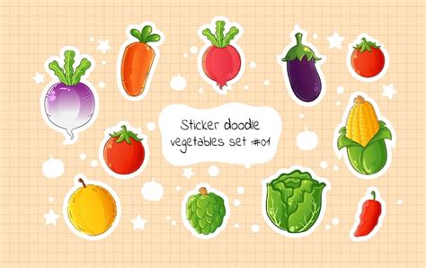 Premium Vector Doodle Sticker Vegetable Set Collection Colorful Doodle