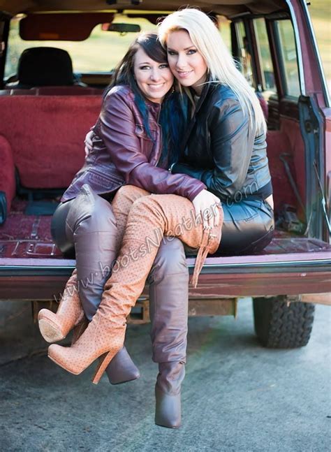 Girls In Leather And Thigh Boots Cuddling On Tailgate Oberschenkellange Stiefel Overknee