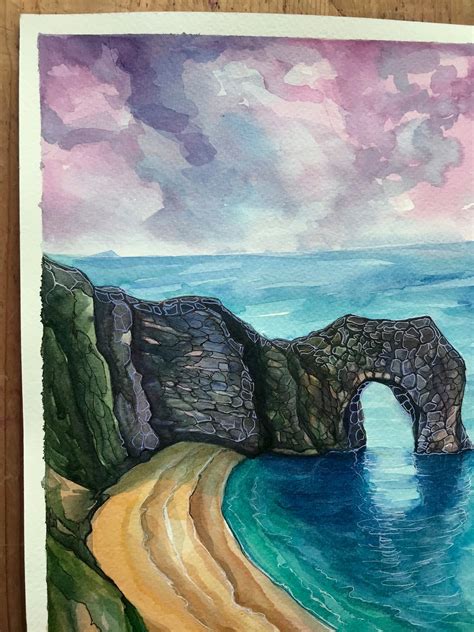 Durdle Door Beach Watercolor Painting Dorset Sea Landscape Etsy