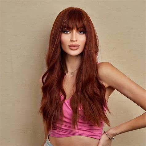 Long Wavy Wig With Bangs Red Brown Beauty And Health Temu Germany