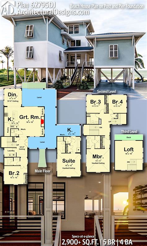 The foundations for these home designs typically utilize pilings, piers, stilts or cmu block walls to raise the home off grade. Plan 62795DJ: Beach House Plan on Post and Pier Foundation ...