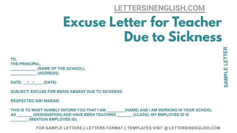Excuse Letter For Teacher Due To Sickness Sample Letter Of Excuse For