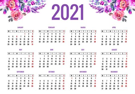 Cari kalender 2021 yang keren? Mooie kalender 2021 voor kleurrijk bloemdessin | Gratis Vector