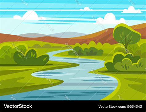 Cartoon Landscape With Mountains River And Trees Vector Image