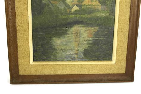French Country Landscape Oil Painting With Church Steeple And Pond