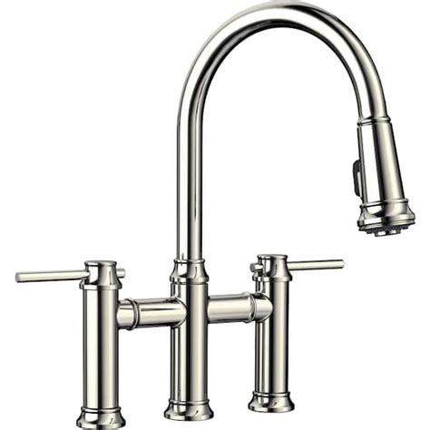 Blanco EMPRESSA Double Handle Gooseneck Bridge Kitchen Faucet With Pull Down Sprayer In Polished