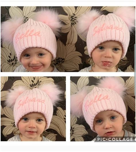 Personalised Double Pom Pom Hats In Baby Pinkwhite With Etsy