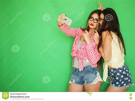 Two Stylish Hipster Girls Best Friends Ready For Party Stock Image Image Of Green Play 76940483