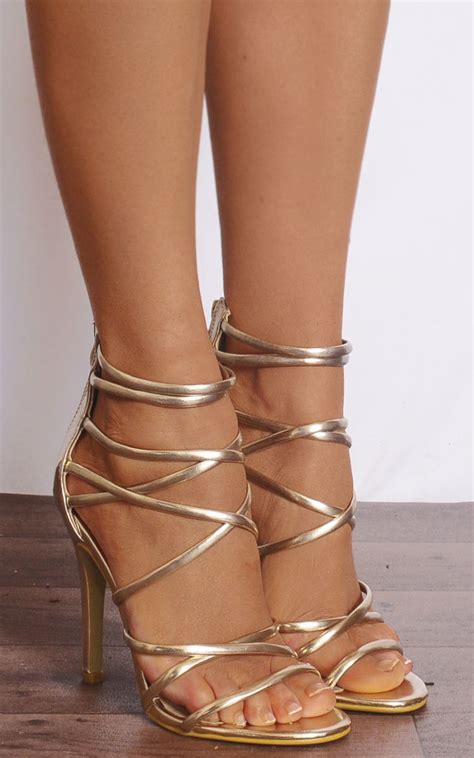 Gold Barely There Strappy Stilettos High Heels Shoe