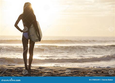 Woman Bikini Surfer Surfboard Sunset Beach Stock Image Image Of Tropical Sport