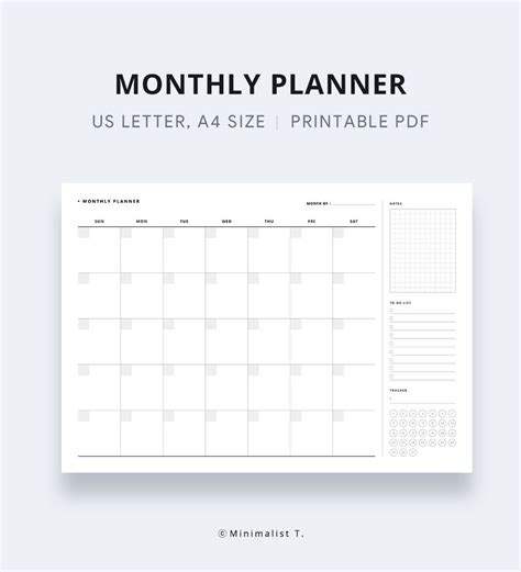 Monthly Overview Undated Blank Calendar Us Letter A4 Size Horizontal