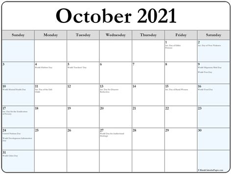 October 2021 Calendar With Holidays Calendar Template 2021