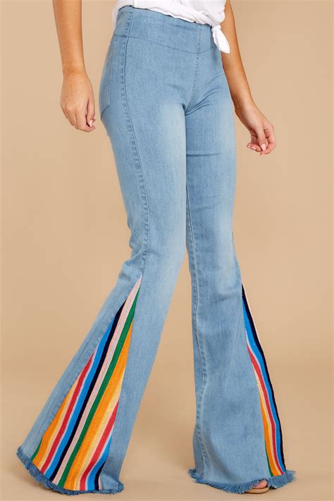Retro Rainbows Light Wash Embroidered Flare Jeans Denim Fashion 70s