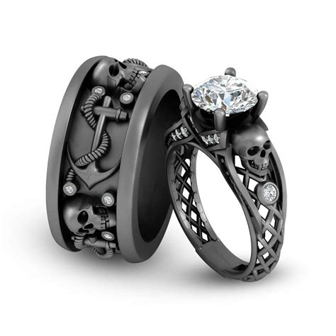 Skull Wedding Rings For Couple His And Her Matching Anchor Skull Band