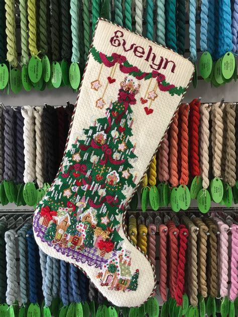 a strictly christmas stocking stitched by gretchen finishing by hearts to keep needlepoint