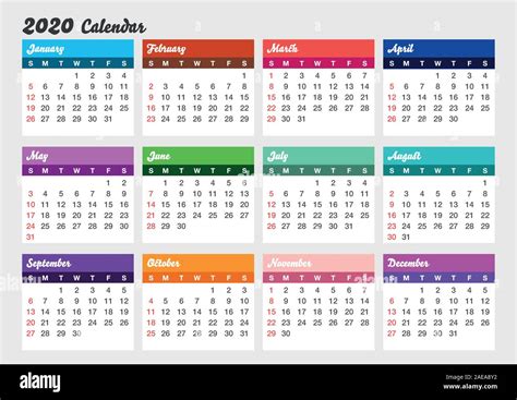 Colorido Año 2020 Calendario Plantilla De Calendario Horizontal Archivo Vectorial Editable