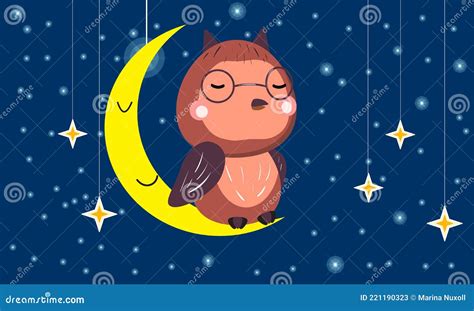 Búho Dormido En La Luna Por La Noche Ilustración Vectorial
