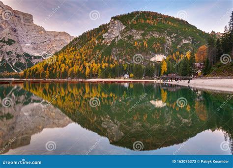 Lago Di Braies Lake And Seekofel Peak At Sunrise Dolomites Italy