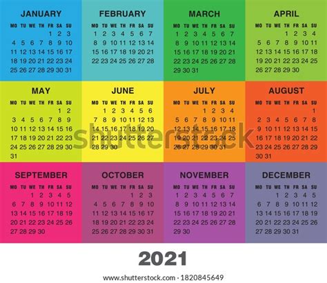 Colorful Square Calendar 2021 Year Week Stock Vector Royalty Free