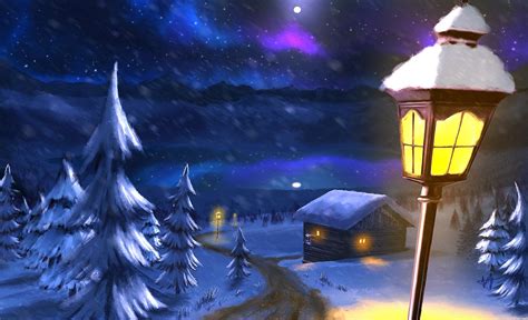 1920x1170 House Night Winter Trees Drawing Snow Coolwallpapersme