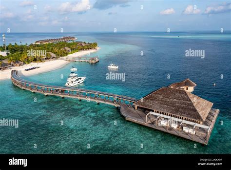 Aerial View Hurawalhi Island Resort With Beaches And Water Bungalows