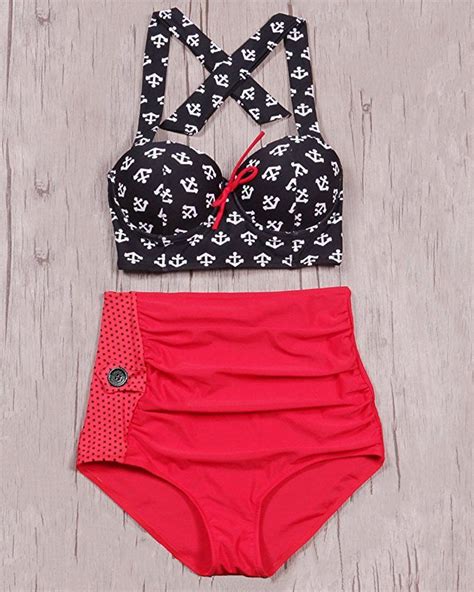 Beachqueen Women Two Piece Retro Halter Bikini Set Anchor