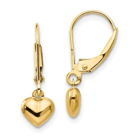 Jewelryweb 14k Yellow Gold Child Puffed Heart Drop Earrings 7