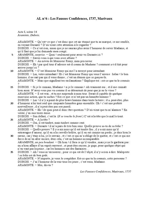 AL N°6 Texte Acte I Scene 14 Les Fausses Confidences Marivaux | PDF