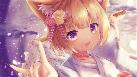 Download Wallpaper 1366x768 Neko Ears Kimono Smile Anime Art