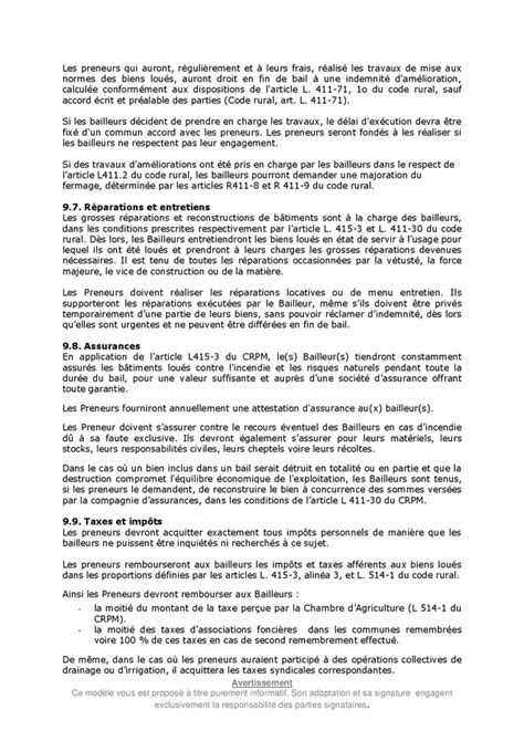 Modèle de bail rural type ou bail à ferme DOC PDF page 9 sur 12