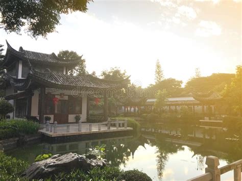 Chinese Pavilion In Beautiful Garden With Pond Stock Image