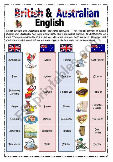 British And Australian English Pictionary 12 Esl Worksheet By