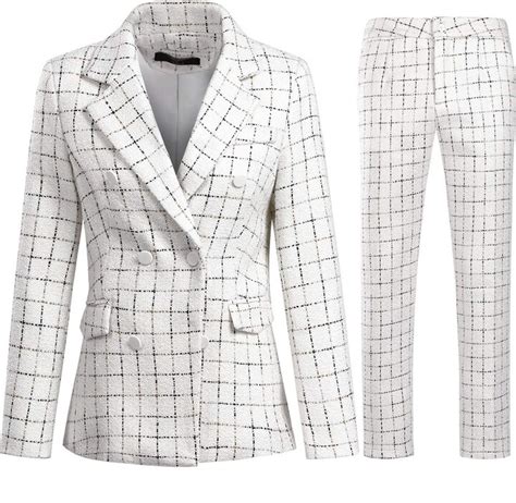 Yynuda Women S 2 Piece Suit Work Office Plaid Double Breasted Duffle Blazer Elegant Trouser Suit