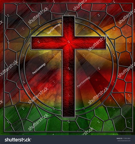 File the light shines through france through my eyes. Red Glass Cross On Stained Glass Window Panel With Rays Of ...