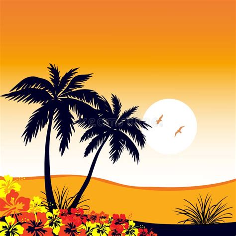 Tropical Landscape With Palm Trees Silhouettesorange Sunset Stock