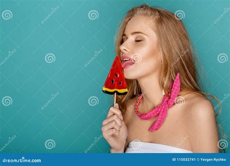Blond Woman With Lollipop Blue Background Stock Image Image Of