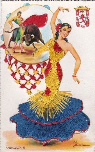 Vintage Spain Embroidered Pretty Lady Flamenco Dancer Andalucia Postcard Embellished Cards And