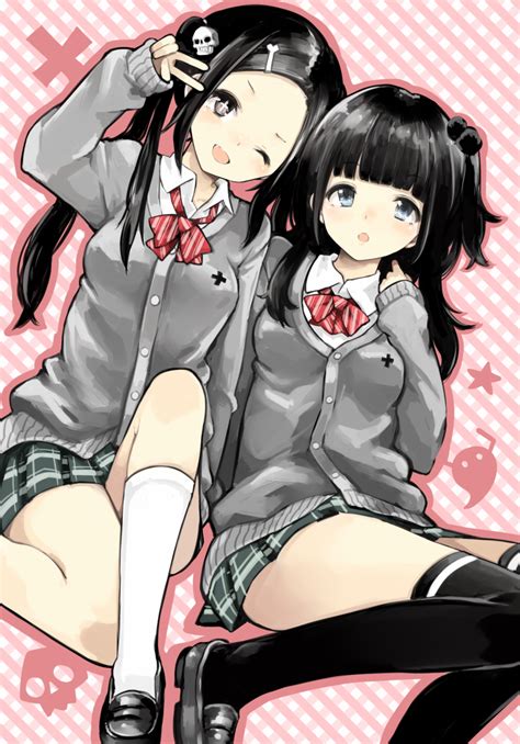 Safebooru 2girls Black Eyes Black Hair Blue Eyes Bone Cardigan