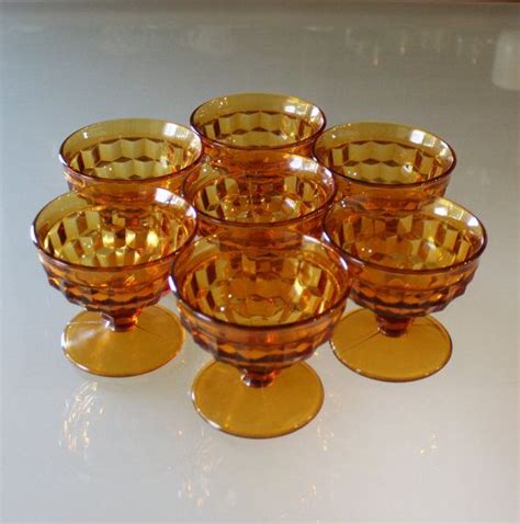 Vintage Indiana Glass Whitehall Amber Sherbet Dishes Set Of 7 Foo
