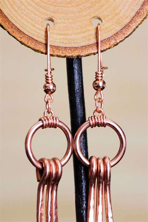 Hammered Copper Dangle Earrings Handmade Copper Dangle Boho Etsy