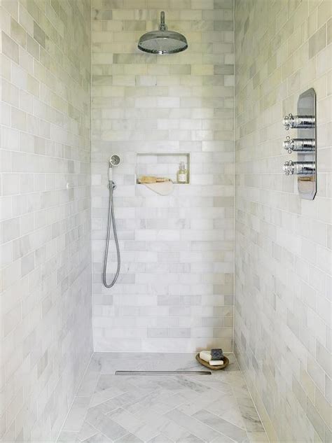 Marble Herringbone Shower Floor Tiles Transitional Bathroom