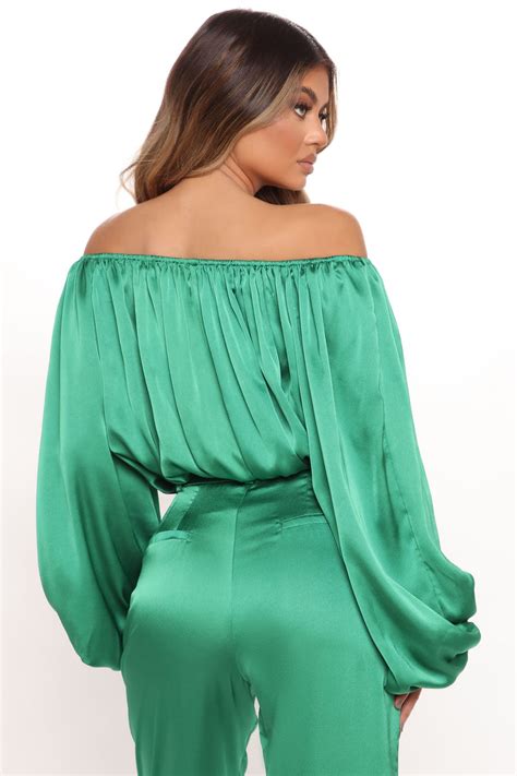 Put It Down Off Shoulder Satin Top Kelly Green Fashion Nova Shirts