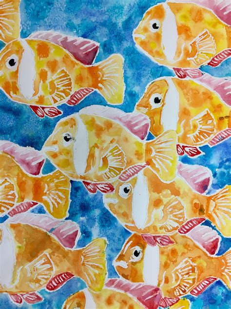 Watercolor And Crayon Resist Fish Paintings Fish Painting Watercolor