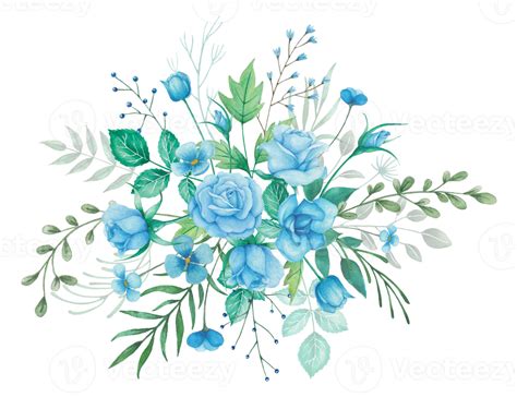 Buquê De Flores Em Aquarela Com Rosas Azuis E Ilustração De Folhas