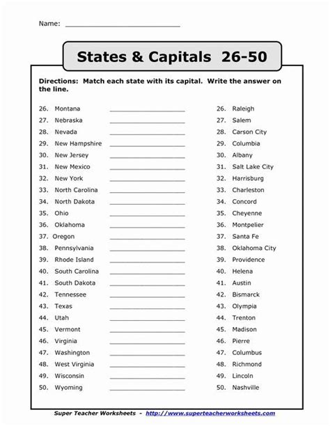 States And Capitals Matching Worksheet Unique States Capitals List Printable States And
