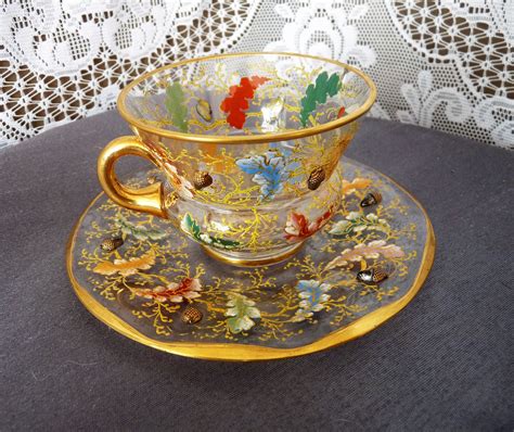 Rare Signed Ludwig Moser Glass Cabinet Cup And Saucer Set In The Raised Acorn And Oak Leaf