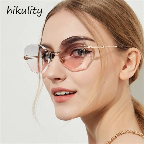 88103 diamond cutting cat eye rimless sunglasses women 2018 gradient ocean lenses ladies shades