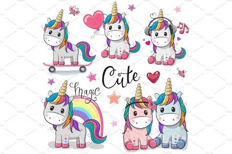 Set Of Cute Cartoon Unicorns Animal Illustrations Creative Market